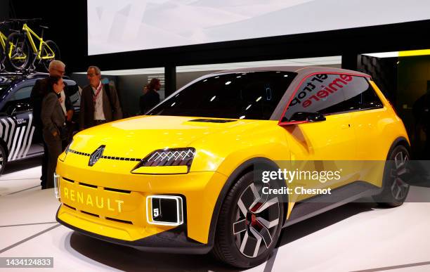 New Renault 5 electric automobile is on display during the "Mondial de l'Automobile" at the Parc des Expositions on October 17, 2022 in Paris,...