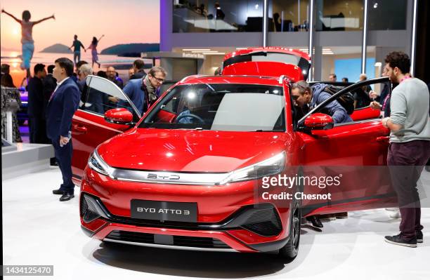 Byd Atto 3 electric automobile by Chinese manufacturer BYD is on display during the "Mondial de l'Automobile" at the Parc des Expositions on October...
