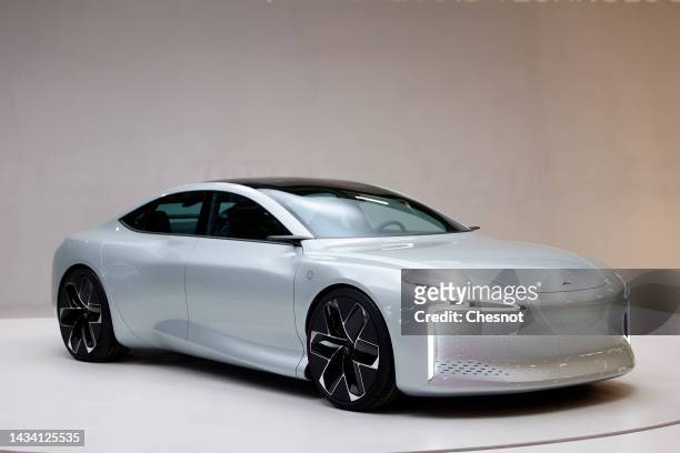 Hopium Machina hydrogen-powered sedan automobile is on display during the "Mondial de l'Automobile" at the Parc des Expositions on October 17, 2022...