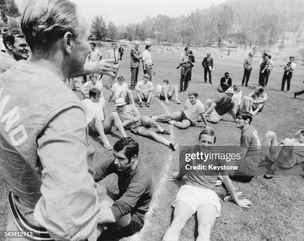 England manager Alf Ramsey with his team at a training session during the World Cup in Mexico, May-June 1970.