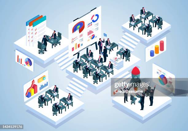 business people working together in isometric virtual office space, business and staff management, digital marketing management, statistical analysis, financial growth and business investment - business training group stock illustrations