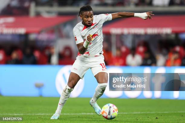 Christopher Nkunku of RB Leipzig controls the ball during the Bundesliga match between RB Leipzig and Hertha BSC at Red Bull Arena on October 15,...