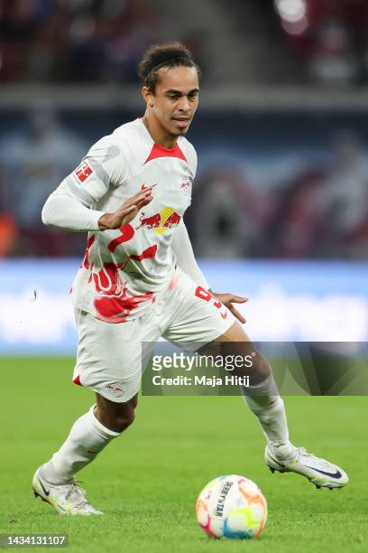 Yussuf Poulsen of RB Leipzig controls the ball during the Bundesliga match between RB Leipzig and Hertha BSC at Red Bull Arena on October 15, 2022 in...