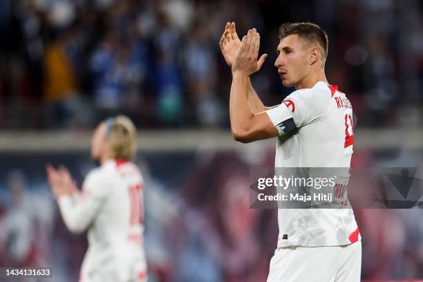 Willi Orban of RB Leipzig looks on during the Bundesliga match between RB Leipzig and Hertha BSC at Red Bull Arena on October 15, 2022 in Leipzig,...