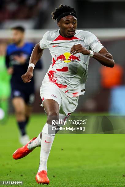 Mohammed Simakan of Leipzig runs during the Bundesliga match between RB Leipzig and Hertha BSC at Red Bull Arena on October 15, 2022 in Leipzig,...