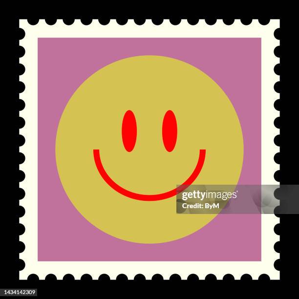 cool retro stickers post stamps vector design. trendy cute smile - food creative stock illustrations
