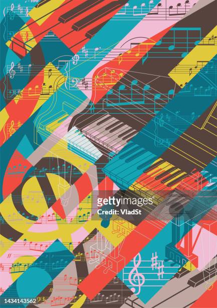 solo grand piano classical music abstract collage background concert poster - sheet music stock illustrations