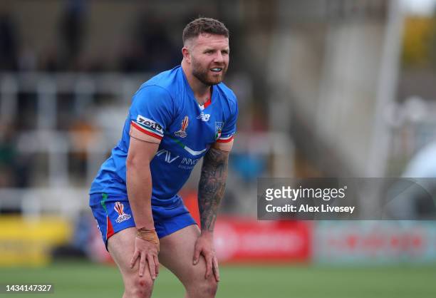 Nathan Brown of Italy looks on during Rugby League World Cup 2021 Pool B match between Scotland and Italy at Kingston Park on October 16, 2022 in...