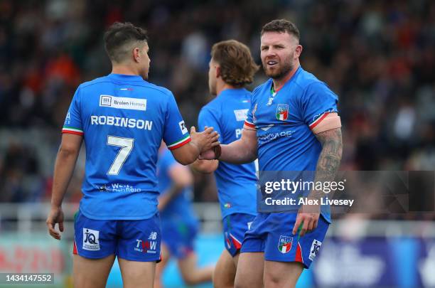 Nathan Brown and Radean Robinson of Italy during Rugby League World Cup 2021 Pool B match between Scotland and Italy at Kingston Park on October 16,...