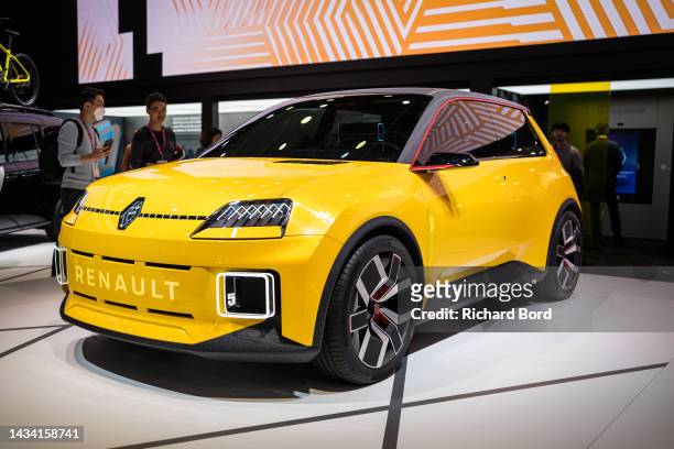 The Renault 5 Electric is displayed on the Renault booth during the "Mondial De L'Automobile" at Parc des Expositions Porte de Versailles on October...