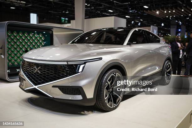 The NamX HUV hydrogen car is displayed on the NamX booth during the "Mondial De L'Automobile" at Parc des Expositions Porte de Versailles on October...