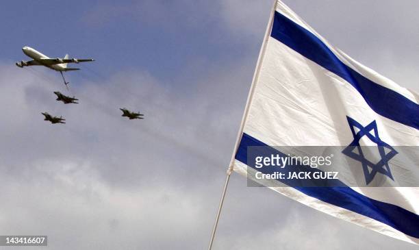 War planes fly over head as Israeli gather on the beach in the Mediterranean city of Tel Aviv to watch a military show marking Israeli Independence...