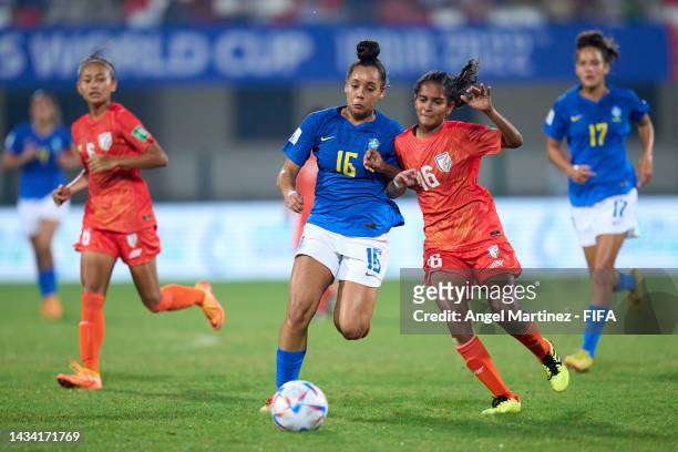 Ana Flavia Ferreira of Brazil competes for the ball with Shubhangi Singh of India during the FIFA U-17 Women's World Cup 2022 Group A match between...