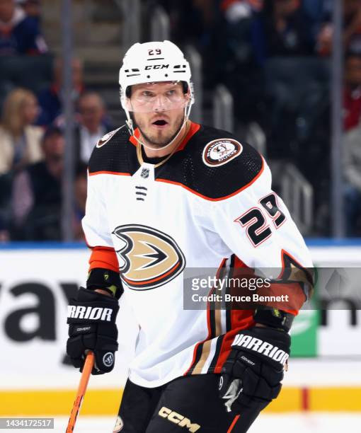 Dmitry Kulikov of the Anaheim Ducks skates against the New York Islanders at the UBS Arena on October 15, 2022 in Elmont, New York.