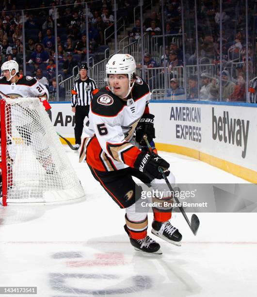 Jamie Drysdale of the Anaheim Ducks skates against the New York Islanders at the UBS Arena on October 15, 2022 in Elmont, New York.