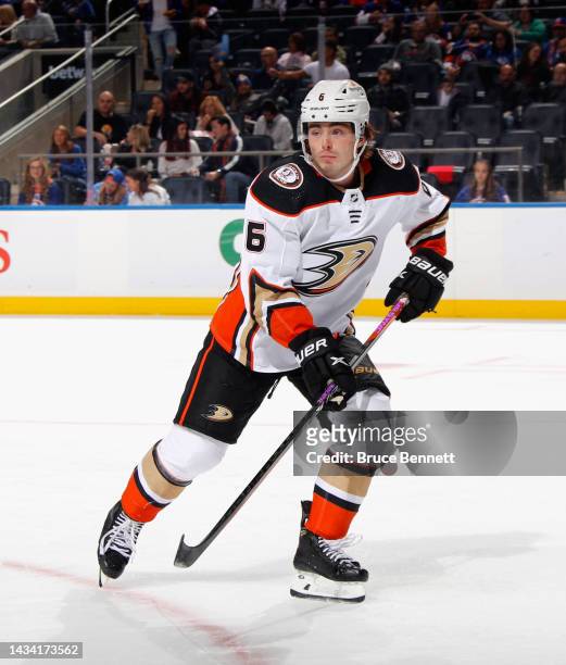Jamie Drysdale of the Anaheim Ducks skates against the New York Islanders at the UBS Arena on October 15, 2022 in Elmont, New York.