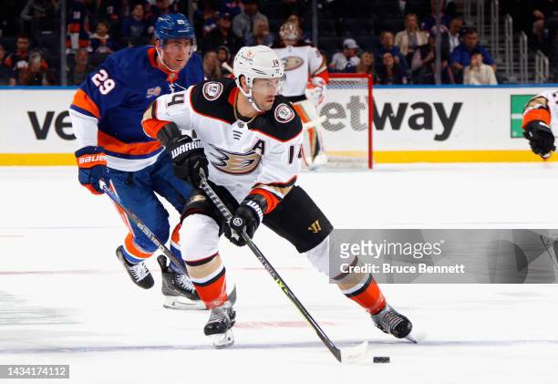 Adam Henrique of the Anaheim Ducks skates against the New York Islanders at the UBS Arena on October 15, 2022 in Elmont, New York.
