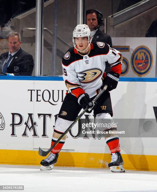 Troy Terry of the Anaheim Ducks skates against the New York Islanders at the UBS Arena on October 15, 2022 in Elmont, New York.