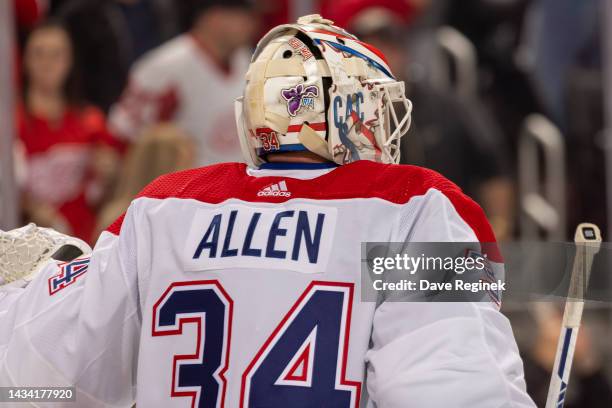 Jake Allen of the Montreal Canadiens looks down the ice during the third period an NHL game against the Detroit Red Wings at Little Caesars Arena on...