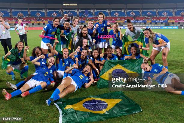 Players of Brazil celebrate after the FIFA U-17 Women's World Cup 2022 Group A match between Brazil and India at Kalinga Stadium on October 17, 2022...