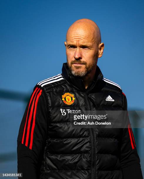 Manager Erik ten Hag of Manchester United in action during a first team training session at Carrington Training Ground on October 17, 2022 in...