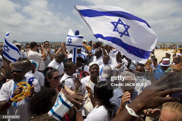 Christians Nigerians migrant workers members of the ''Redeemed Christian of Good '' dance during Israel's 64th Independence Day anniversary...