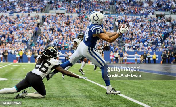 Alec Pierce of the Indianapolis Colts catches a pass for the game winning touchdown against the Jacksonville Jaguars at Lucas Oil Stadium on October...