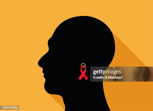 ilustraciones, imágenes clip art, dibujos animados e iconos de stock de apoyo y lucha contra el cáncer, silueta de retrato de hombre. - aids ribbon