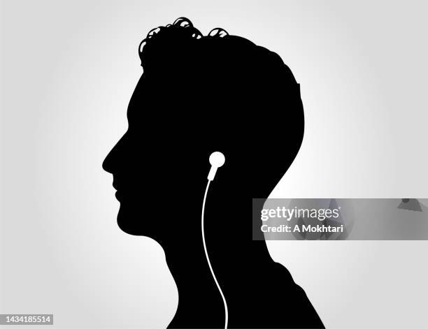 illustrazioni stock, clip art, cartoni animati e icone di tendenza di ritratto di uomo di ascoltare musica con cuffie. - headphones isolated