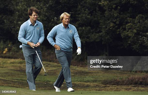 Jack Nicklaus of the USA and Tom Watson of the USA during the 1981 Ryder Cup match at Walton Heath Golf Club on September 19, 1981 in Tadworth,...