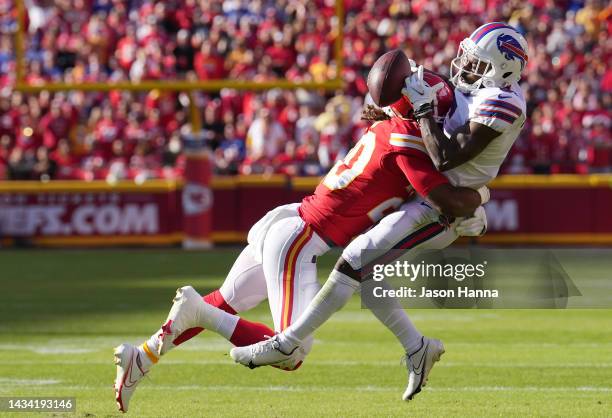 Justin Reid of the Kansas City Chiefs beaks up a pass intended for Isaiah McKenzie of the Buffalo Bills during the second quarter at Arrowhead...