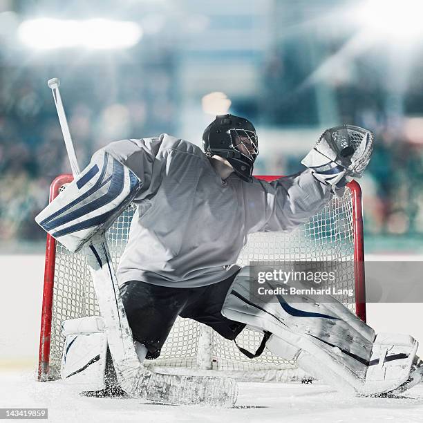 ice hockey goal keeper catching puck - hockey goalie stock pictures, royalty-free photos & images