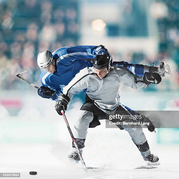 ice hockey players fighting for puck - ice hockey action stock pictures, royalty-free photos & images