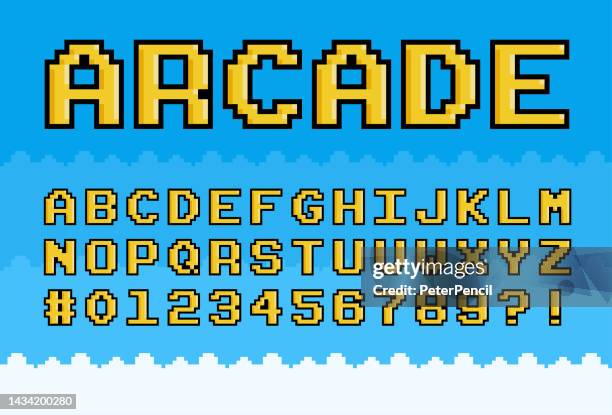 pixel alphabet letters and numbers. pixel art font. vector illustration - arcade background stock illustrations