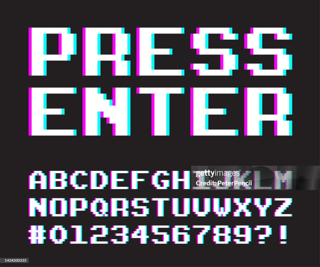 Buchstaben und Zahlen des Pixelalphabets. Pixel-Art-Schriftart. Glitch-Effekt. Vektor-Illustration