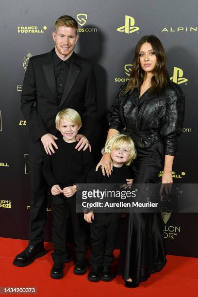Kevin De Bruyne, Michele Lacroix and their children attend the Ballon D'Or photocall at Theatre Du Chatelet In Paris on October 17, 2022 in Paris,...