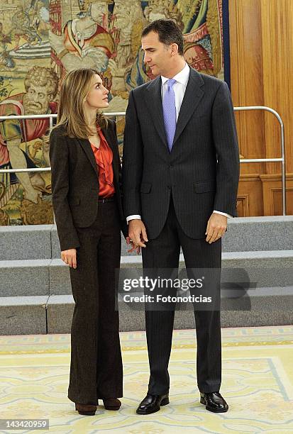Princess Letizia of Spain and Prince Felipe of Spain attend audiences at Zarzuela Palace on April 26, 2012 in Madrid, Spain.