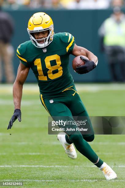Randall Cobb of the Green Bay Packers runs after the catch against the New York Jets at Lambeau Field on October 16, 2022 in Green Bay, Wisconsin....