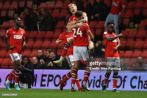 Ryan Inniss of Charlton Athletic celebrates with teammates after scoring their side's first goal during the Sky Bet League One match between Charlton...