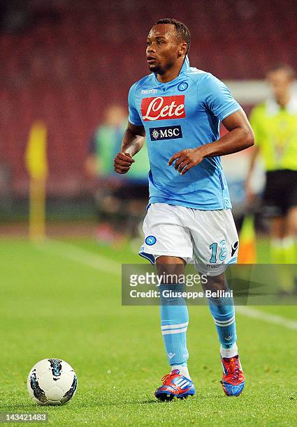 Camilo Zuniga of Napoli in action during the Serie A match between SSC Napoli and Novara Calcio at Stadio San Paolo on April 21, 2012 in Naples,...