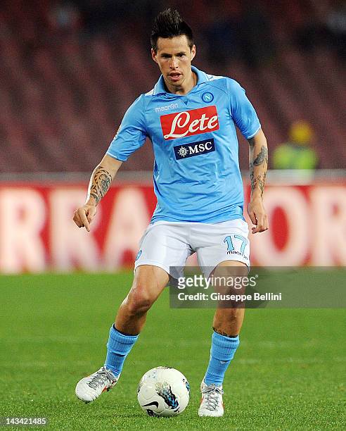 Marek Hamsik of Napoli in action during the Serie A match between SSC Napoli and Novara Calcio at Stadio San Paolo on April 21, 2012 in Naples, Italy.