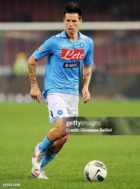 Marek Hamsik of Napoli in action during the Serie A match between SSC Napoli and Novara Calcio at Stadio San Paolo on April 21, 2012 in Naples, Italy.