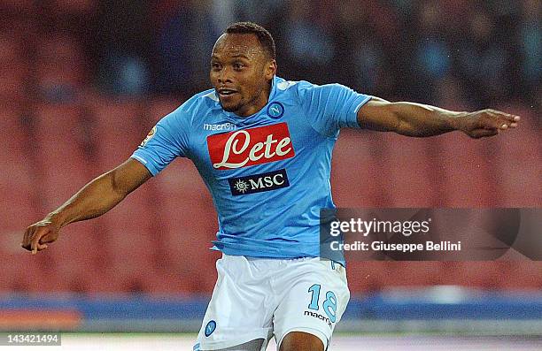 Camilo Zuniga of Napoli in action during the Serie A match between SSC Napoli and Novara Calcio at Stadio San Paolo on April 21, 2012 in Naples,...