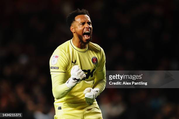 Jojo Wollacott of Charlton Athletic celebrates their team's second goal, scored by teammate Corey Blackett-Taylor during the Sky Bet League One match...