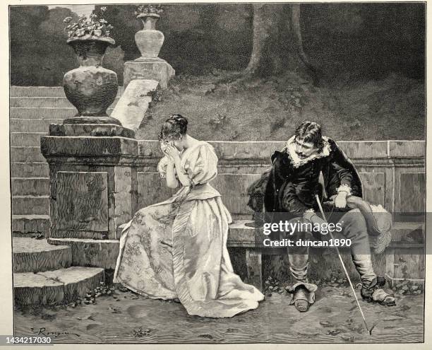 young couple breaking up, woman crying, after the painting by jeanne rongier, brouilles, 19th century french art - young couple relationship stock illustrations