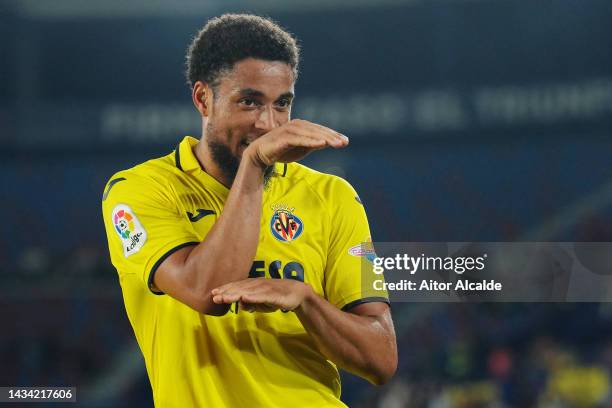 Arnaut Danjuma of Villarreal CF celebrates scoring their team's first goal during the LaLiga Santander match between Villarreal CF and CA Osasuna at...