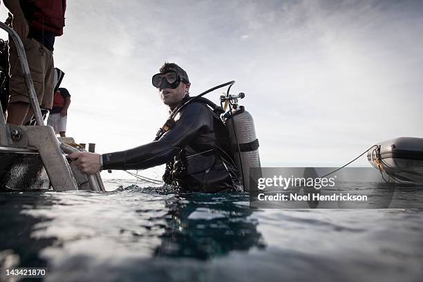 a scuba diver emerges from the water - buceo con equipo fotografías e imágenes de stock