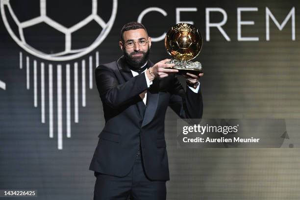 Karim Benzema receives the Ballon d'Or award during the Ballon D'Or ceremony at Theatre Du Chatelet In Paris on October 17, 2022 in Paris, France.