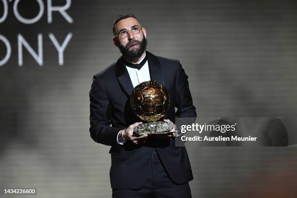 Karim Benzema receives the Ballon d'Or award during the Ballon D'Or ceremony at Theatre Du Chatelet In Paris on October 17, 2022 in Paris, France.