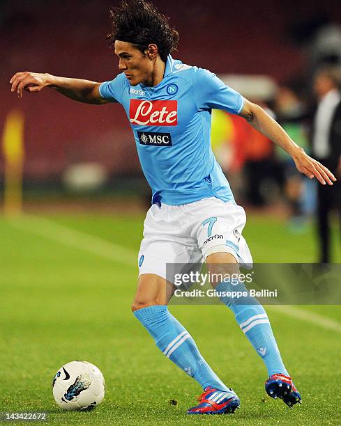 Edinson Cavani of Napoli in action during the Serie A match between SSC Napoli and Novara Calcio at Stadio San Paolo on April 21, 2012 in Naples,...